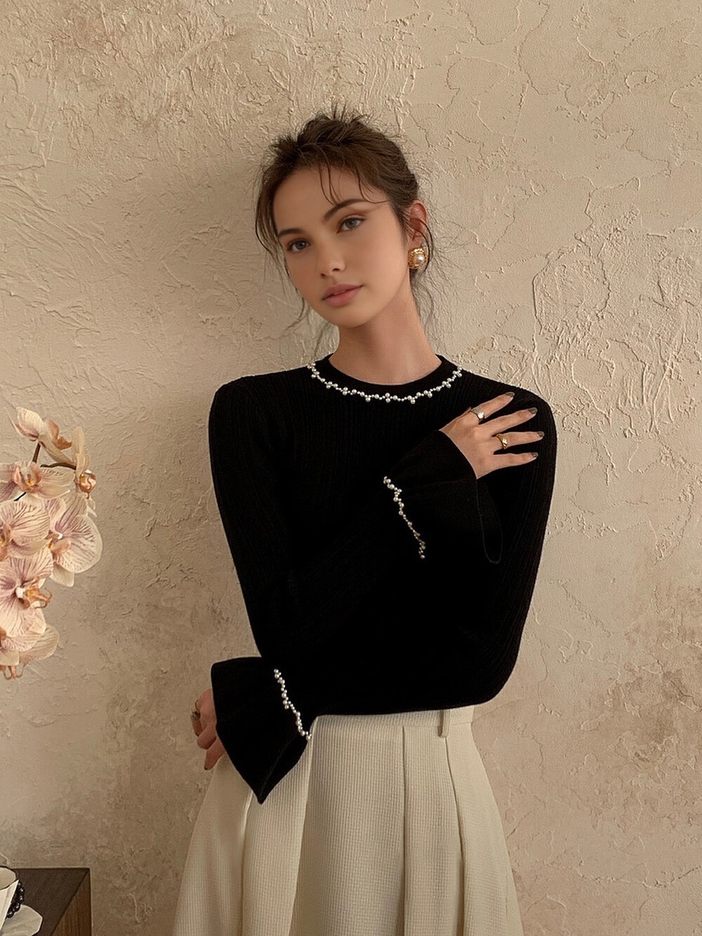 Commense Beaded-Decor Ruffle Knit Top-size XS- NWT